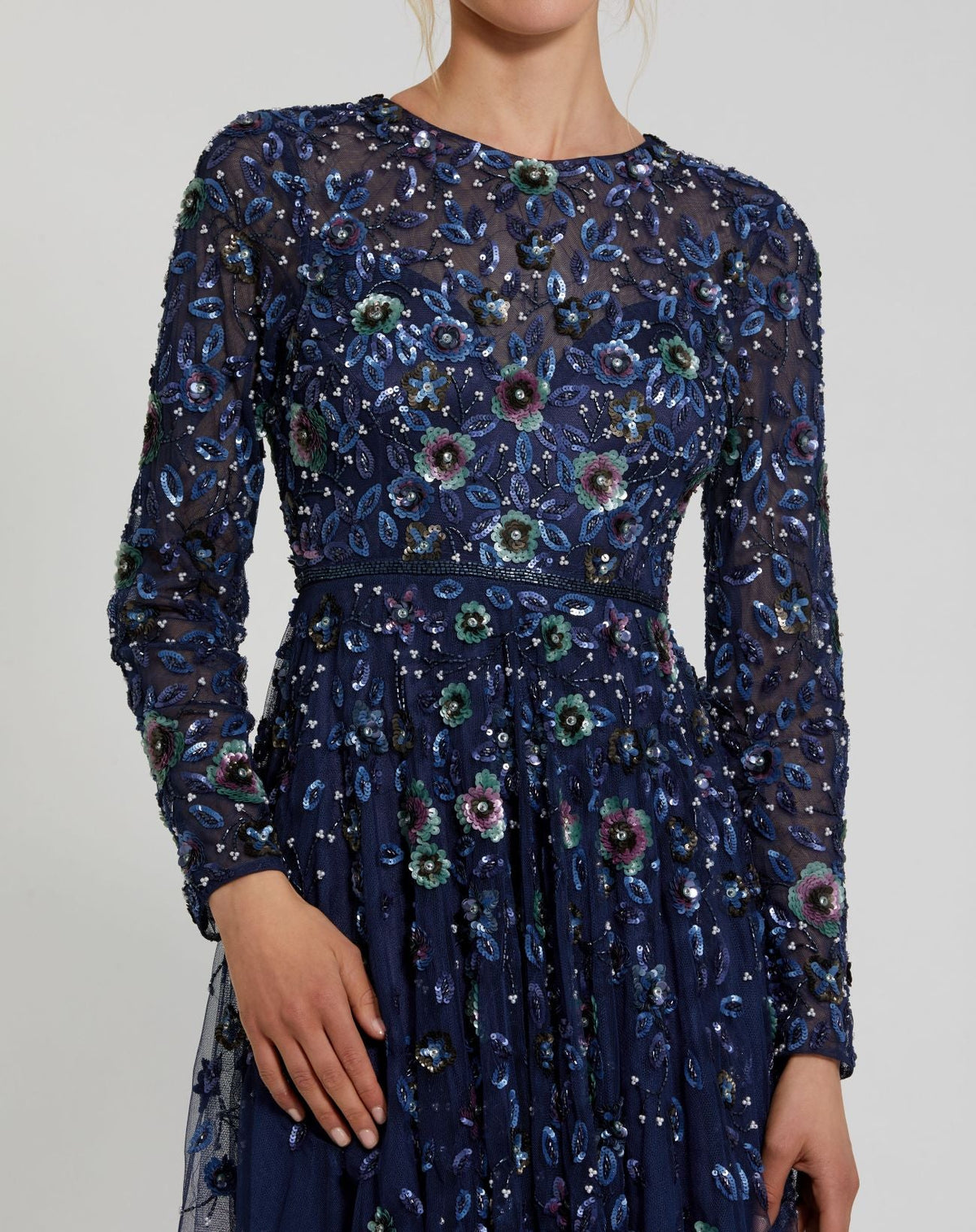 Mac Duggal Petite Navy Embellished High Neck Long Sleeve A Line Gown