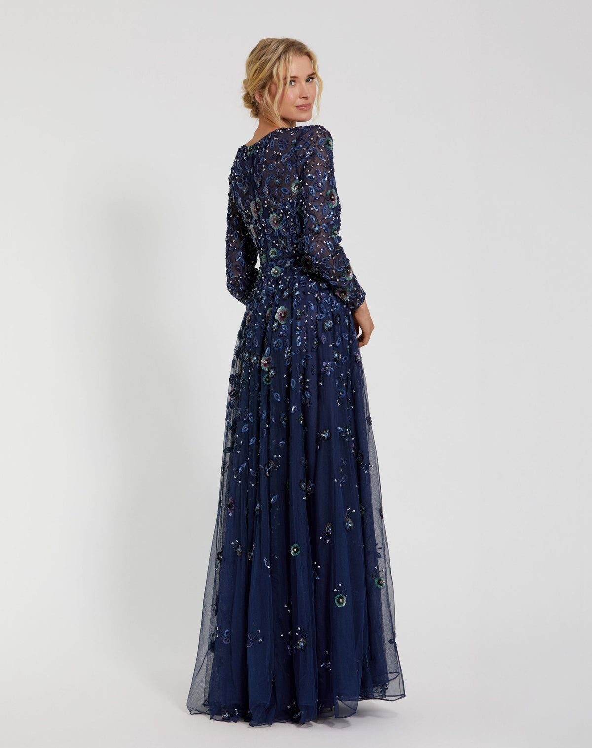 Mac Duggal Petite Navy Embellished High Neck Long Sleeve A Line Gown