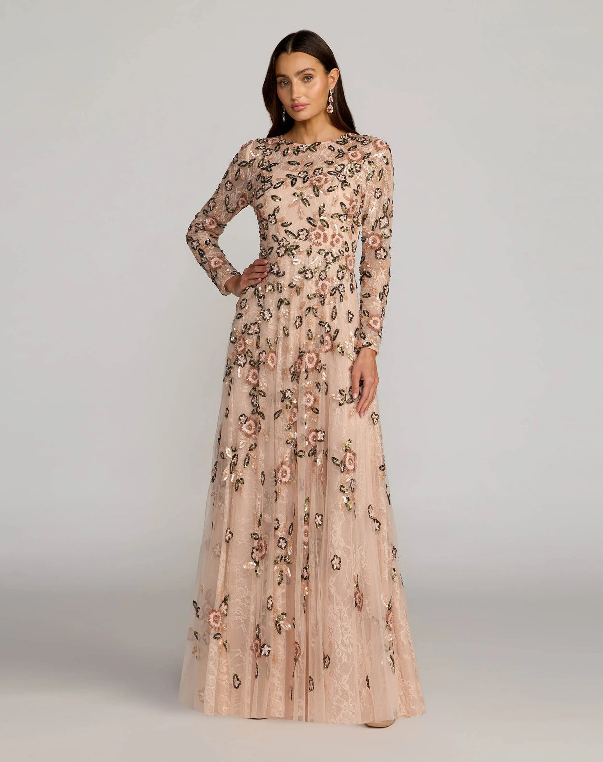 Mac Duggal Pink Embellished Lace Floral Long Sleeve A-Line Gown