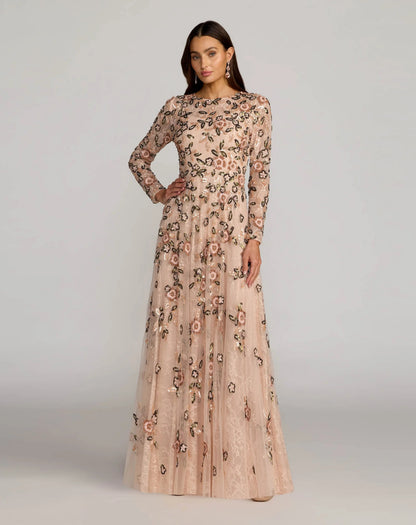 Mac Duggal Pink Embellished Lace Floral Long Sleeve A-Line Gown