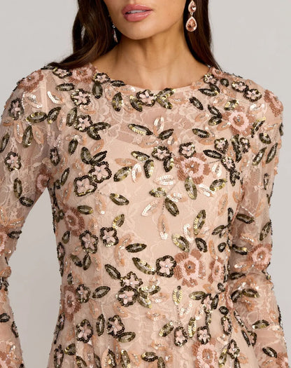 Mac Duggal Pink Embellished Lace Floral Long Sleeve A-Line Gown
