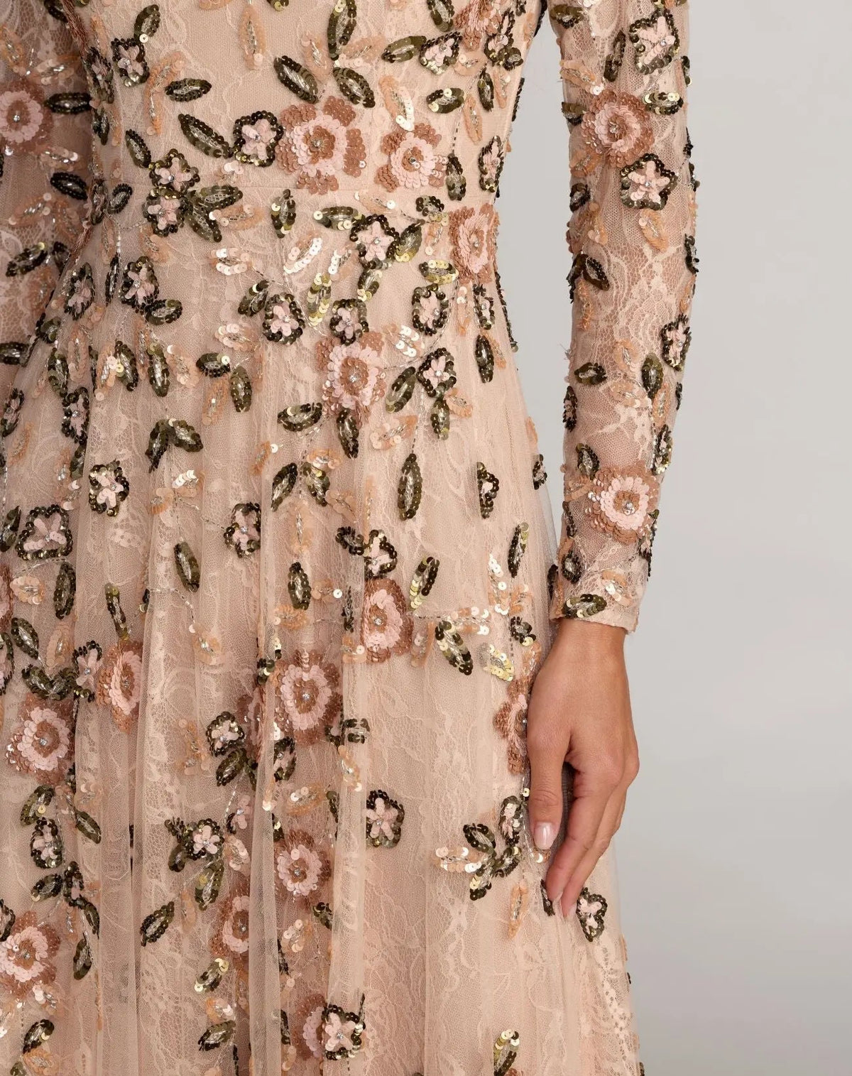 Mac Duggal Pink Embellished Lace Floral Long Sleeve A-Line Gown