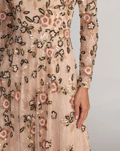 Mac Duggal Pink Embellished Lace Floral Long Sleeve A-Line Gown