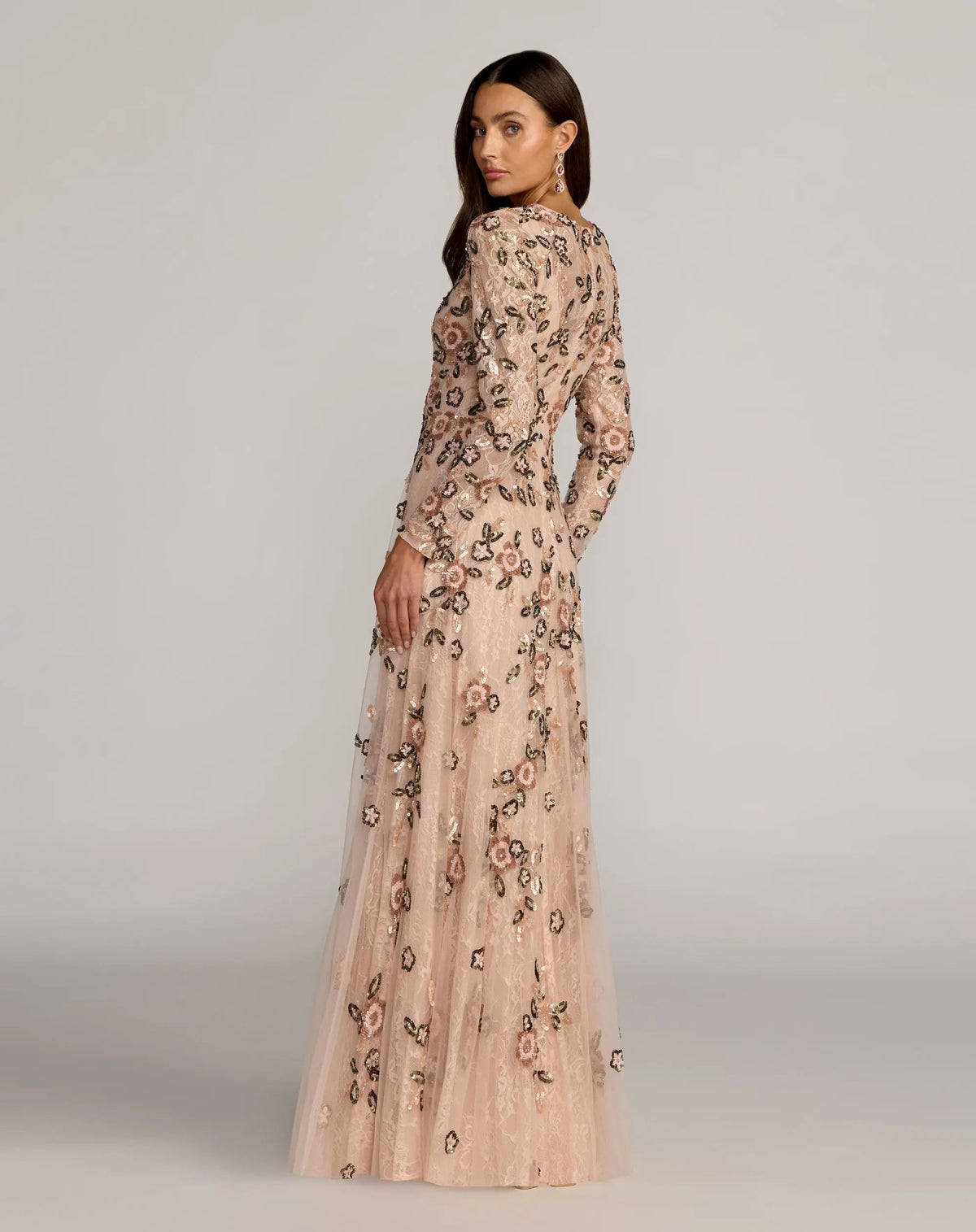 Mac Duggal Pink Embellished Lace Floral Long Sleeve A-Line Gown