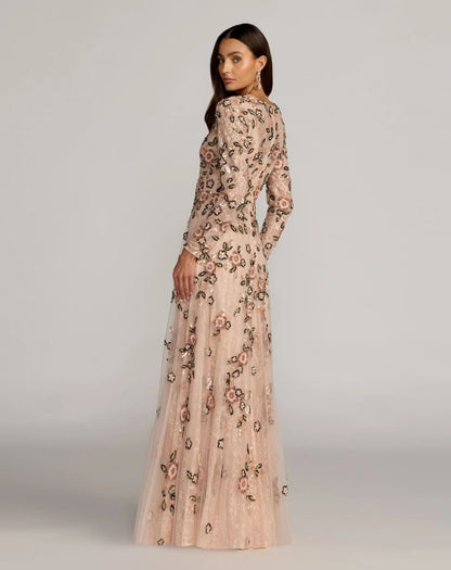 Mac Duggal Pink Embellished Lace Floral Long Sleeve A-Line Gown