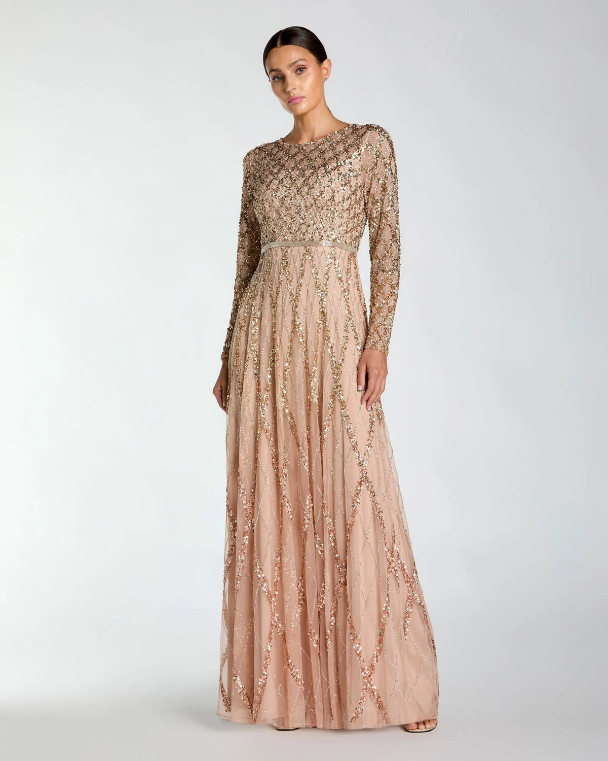 Mac Duggal Beige Ombre Sequined Long Sleeve Gown