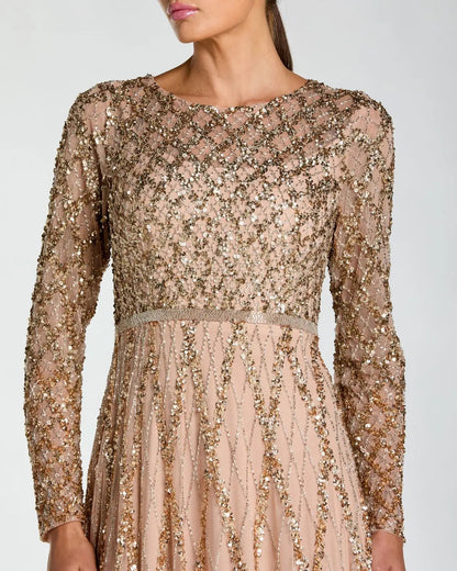 Mac Duggal Beige Ombre Sequined Long Sleeve Gown
