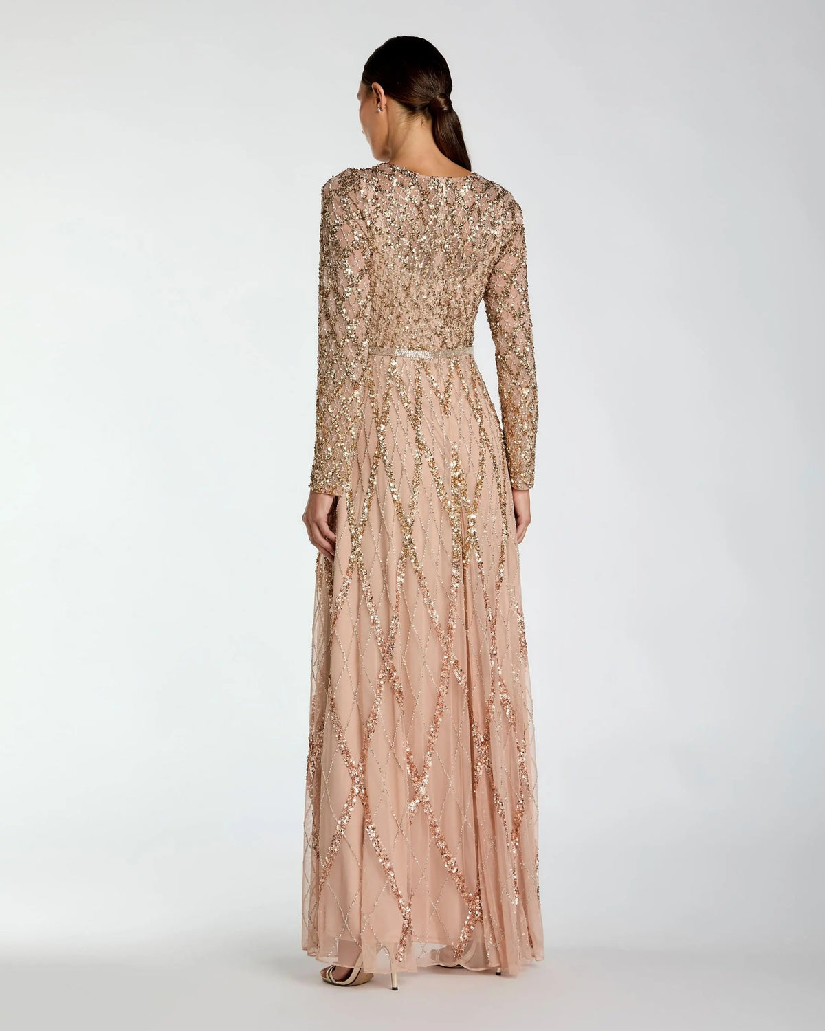 Mac Duggal Beige Ombre Sequined Long Sleeve Gown