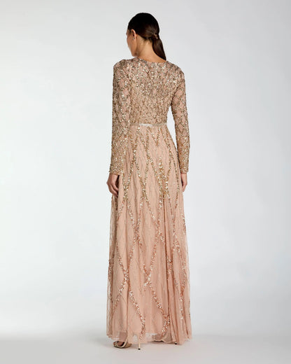 Mac Duggal Beige Ombre Sequined Long Sleeve Gown