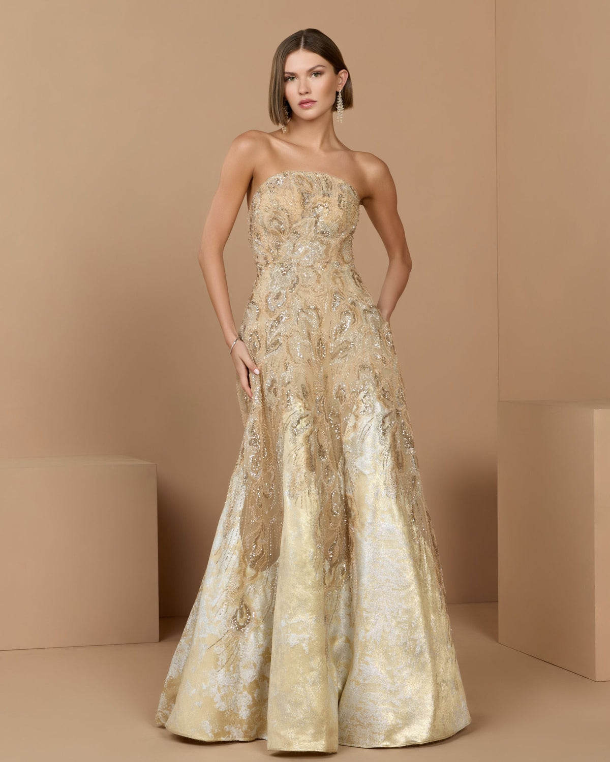 Mac Duggal Gold Strapless Embellished Brocade A-Line Gown
