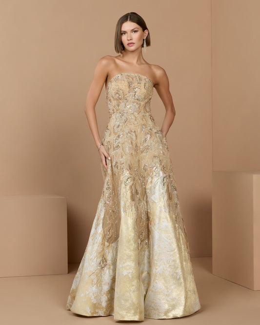 Mac Duggal Gold Strapless Embellished Brocade A-Line Gown