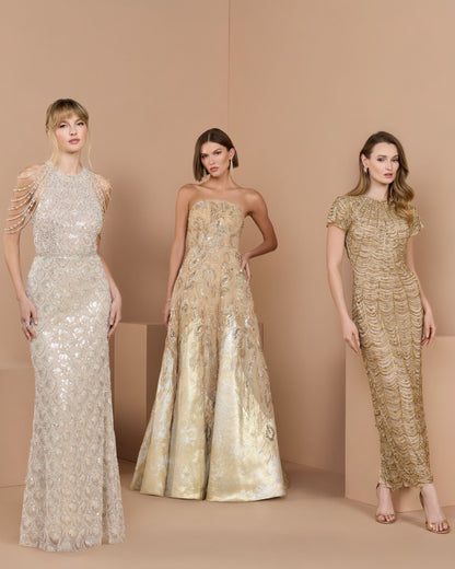 Mac Duggal Gold Strapless Embellished Brocade A-Line Gown