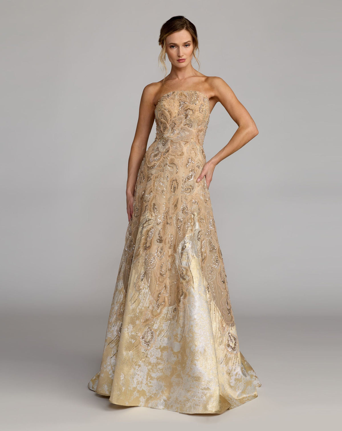 Mac Duggal Gold Strapless Embellished Brocade A-Line Gown
