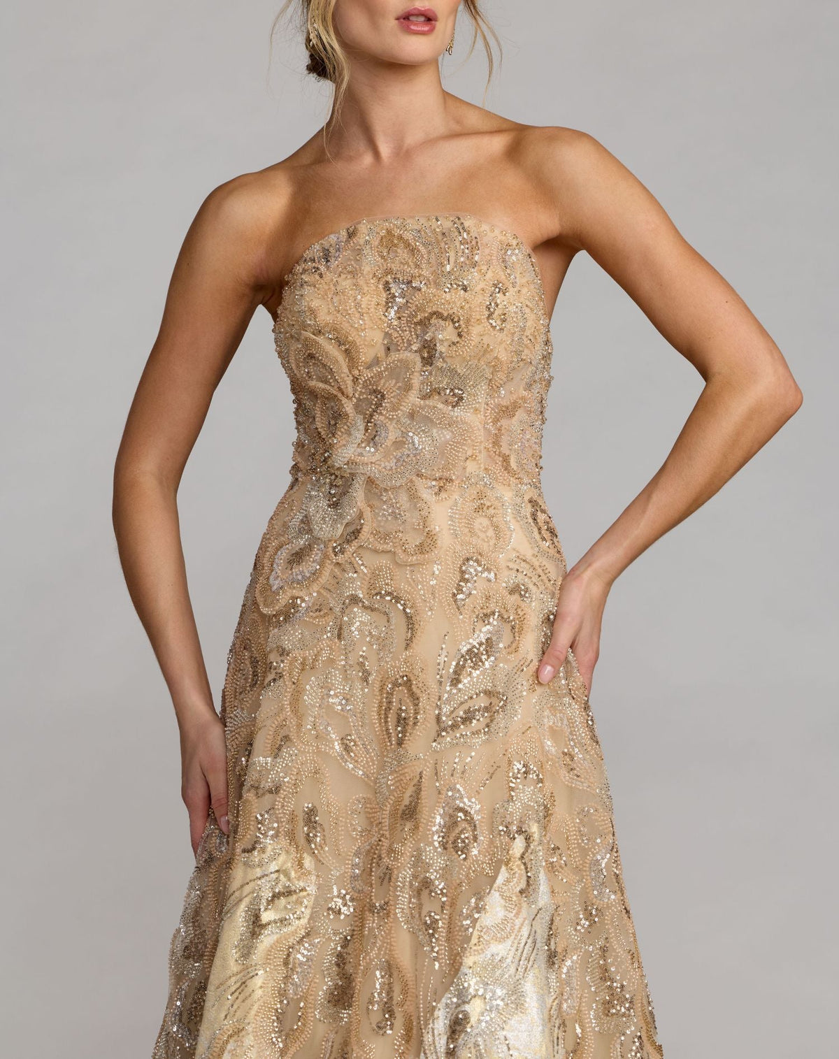 Mac Duggal Gold Strapless Embellished Brocade A-Line Gown