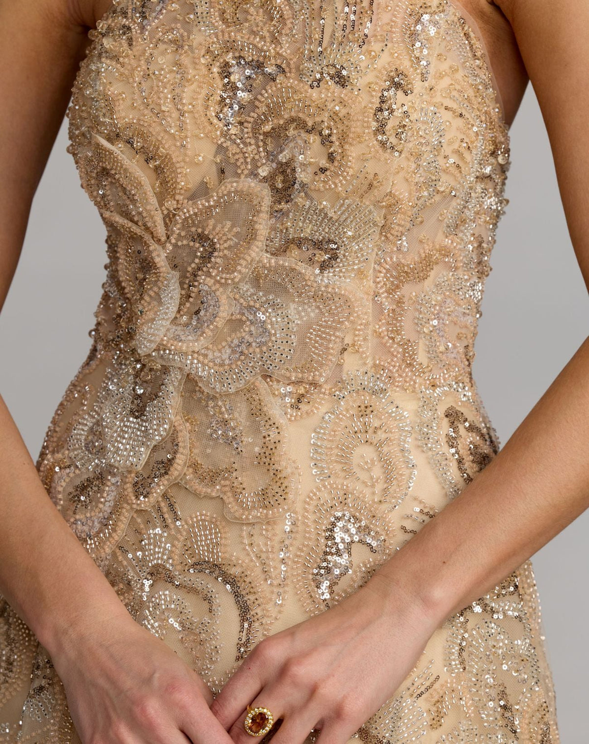 Mac Duggal Gold Strapless Embellished Brocade A-Line Gown