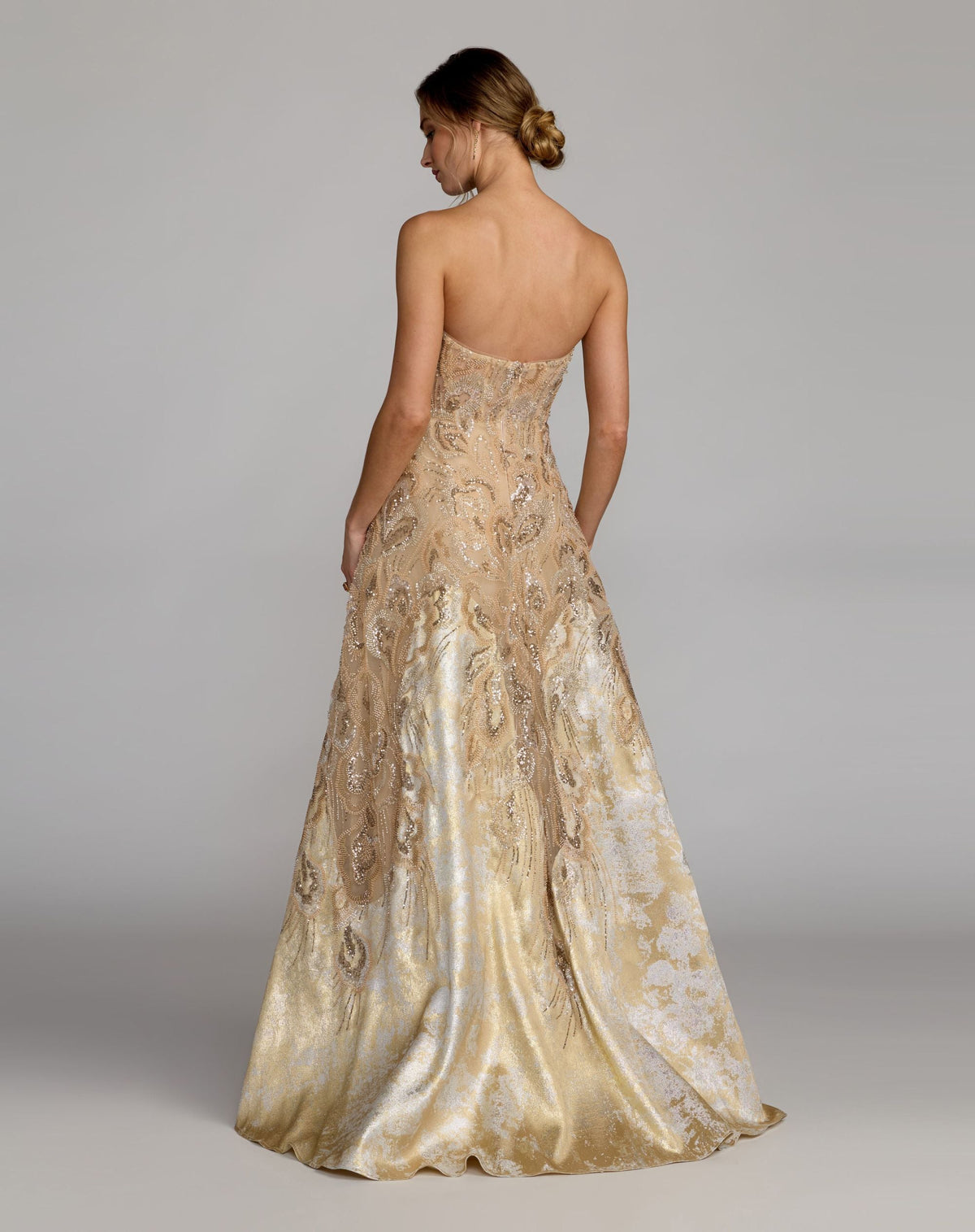 Mac Duggal Gold Strapless Embellished Brocade A-Line Gown
