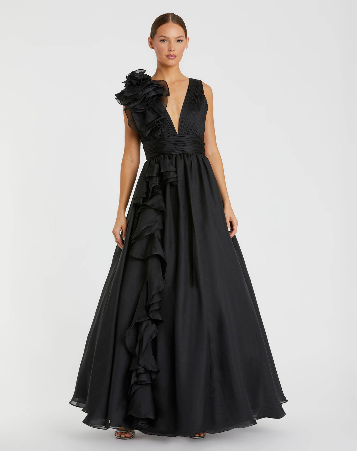 Mac Duggal Petite Black Ruffle Shoulder V-Neck Chiffon Gown
