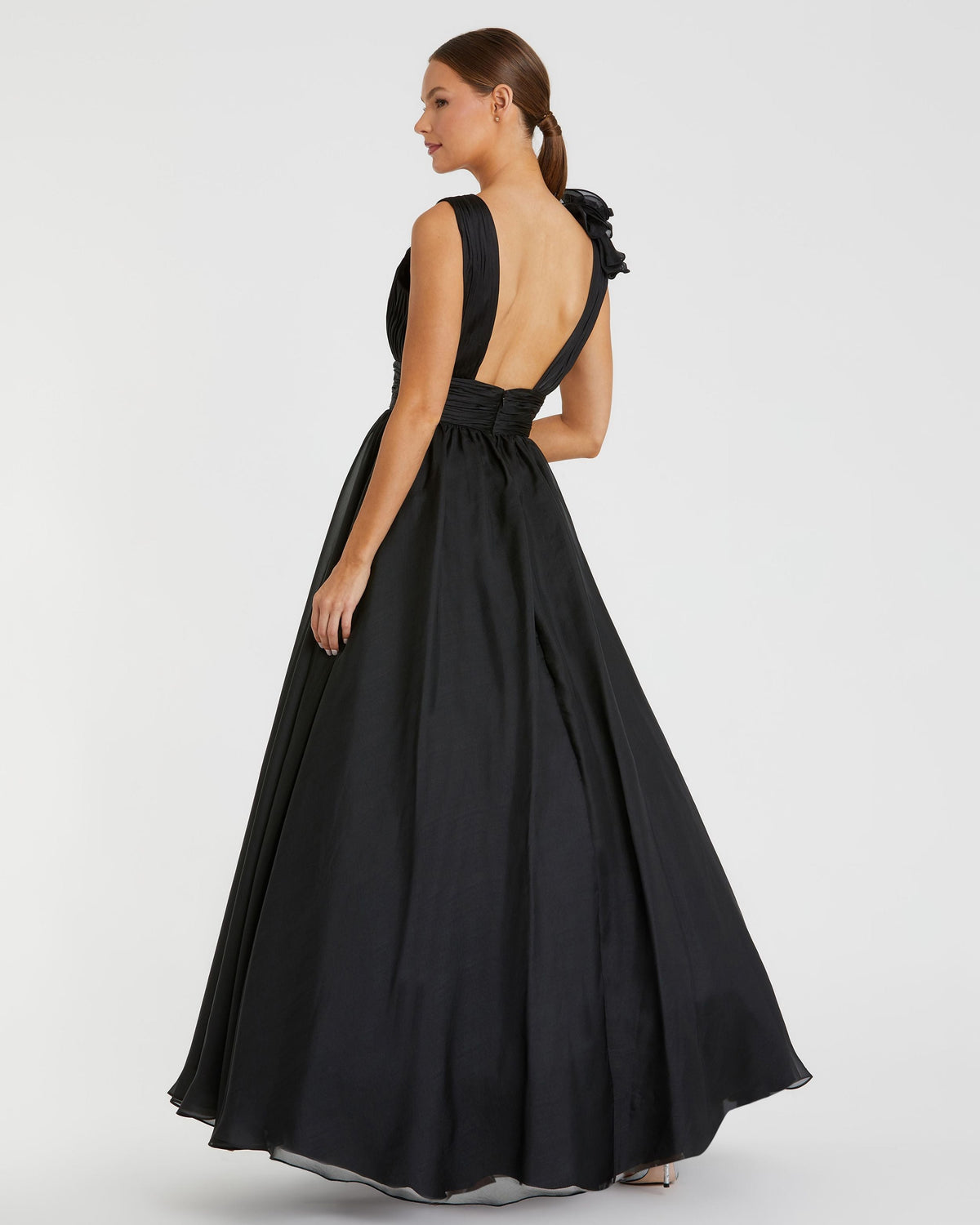 Mac Duggal Petite Black Ruffle Shoulder V-Neck Chiffon Gown