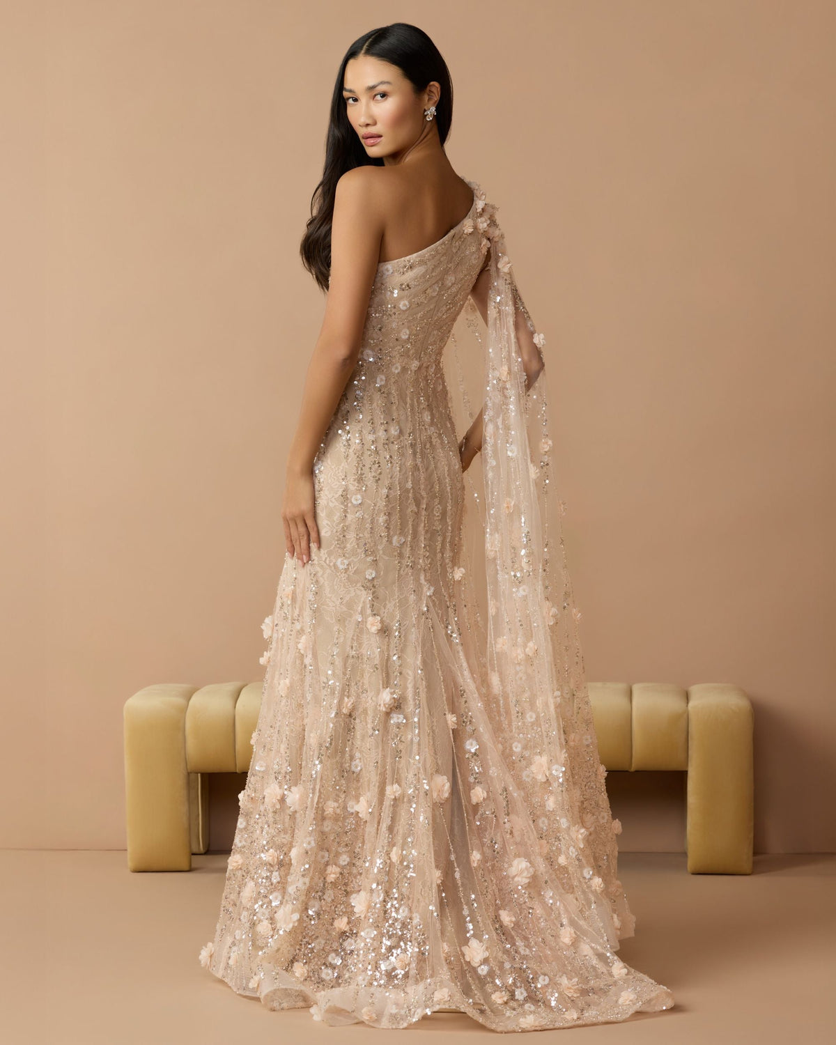 Mac Duggal Petite Beige One Shoulder Embellished Gown With Cape Sleeve