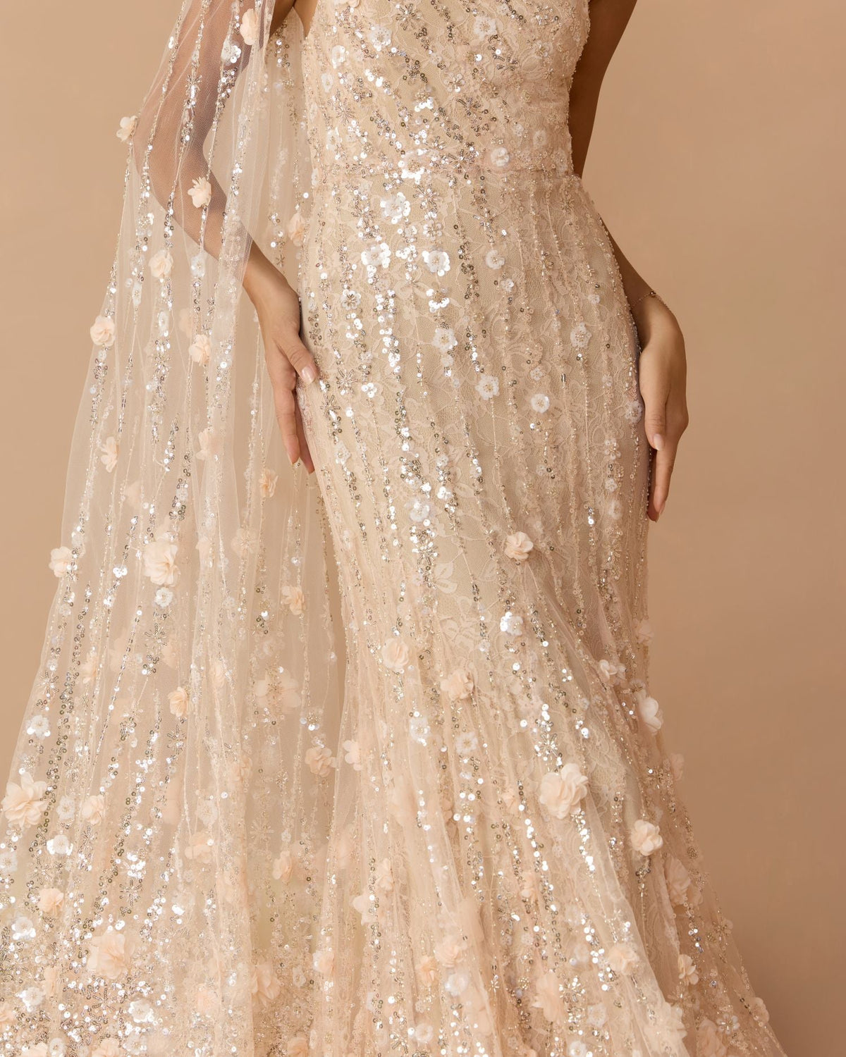 Mac Duggal Petite Beige One Shoulder Embellished Gown With Cape Sleeve