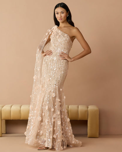 Mac Duggal Petite Beige One Shoulder Embellished Gown With Cape Sleeve