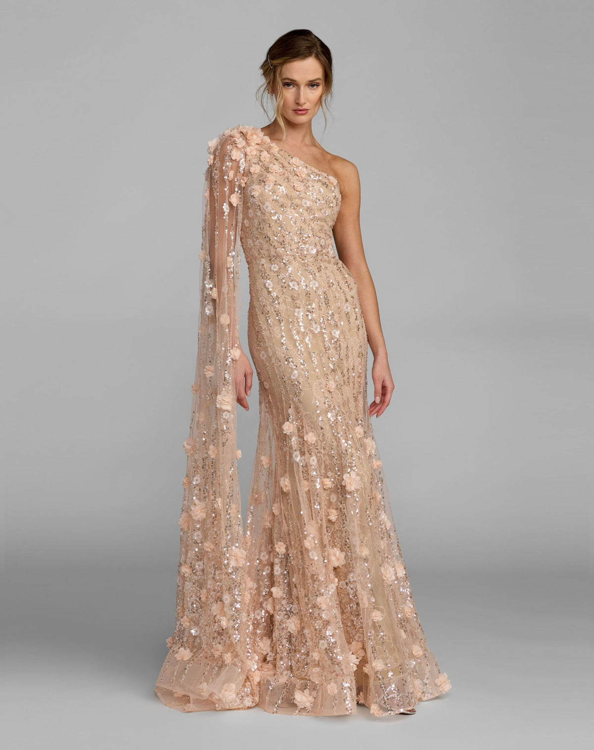 Mac Duggal Petite Beige One Shoulder Embellished Gown With Cape Sleeve