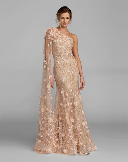 Mac Duggal Petite Beige One Shoulder Embellished Gown With Cape Sleeve