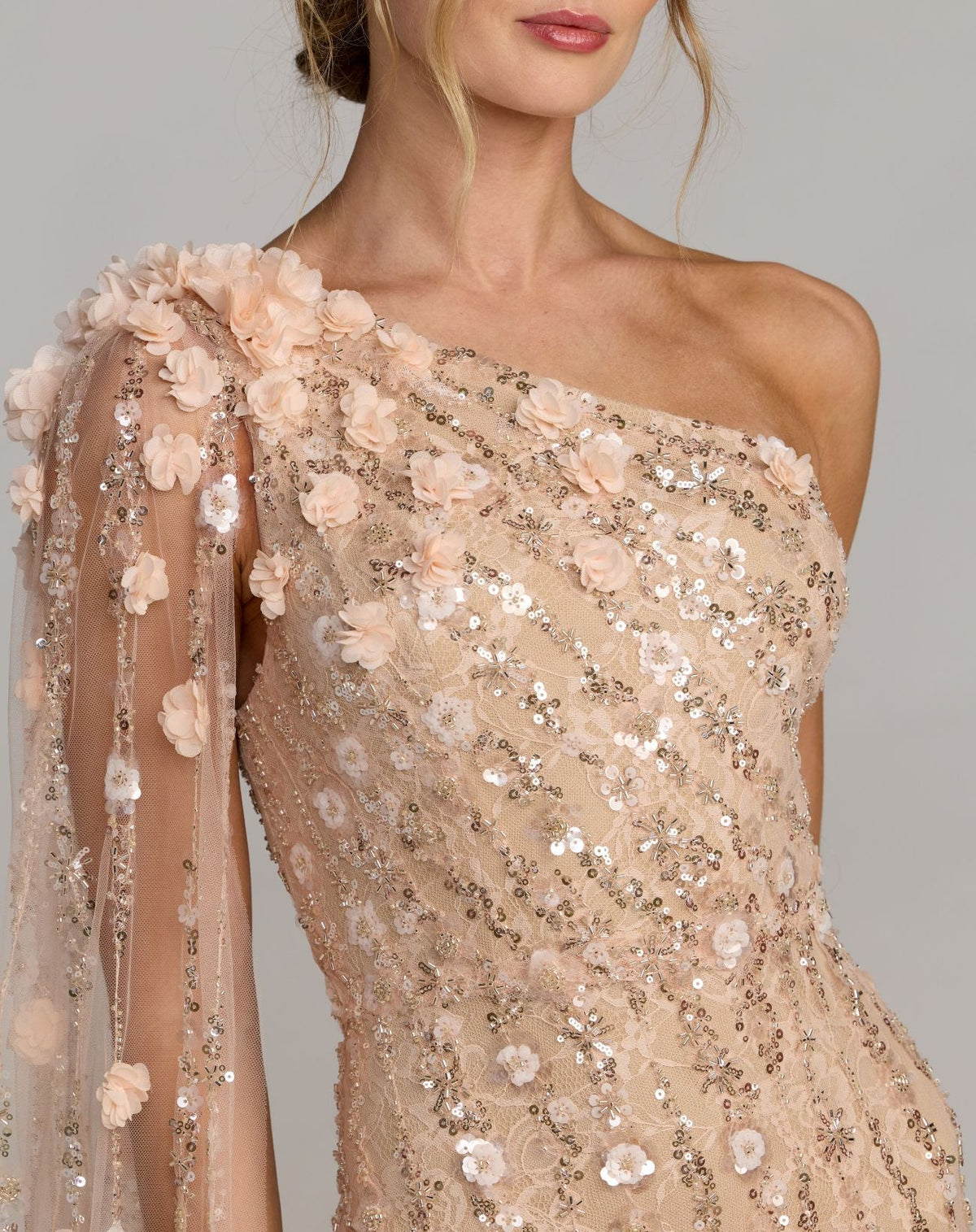 Mac Duggal Petite Beige One Shoulder Embellished Gown With Cape Sleeve