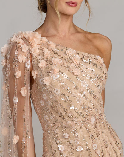 Mac Duggal Petite Beige One Shoulder Embellished Gown With Cape Sleeve
