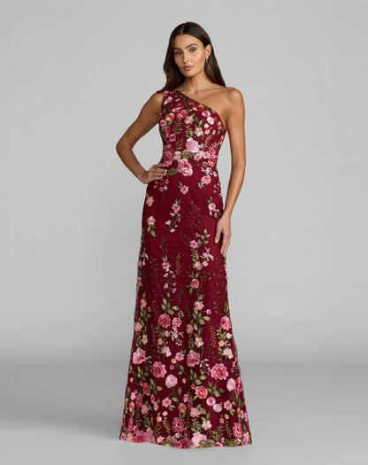 Mac Duggal Petite Red One Shoulder Floral Embroidered Gown