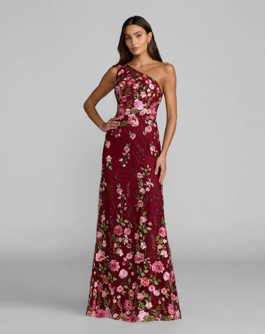 Mac Duggal Petite Red One Shoulder Floral Embroidered Gown
