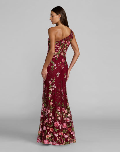 Mac Duggal Petite Red One Shoulder Floral Embroidered Gown