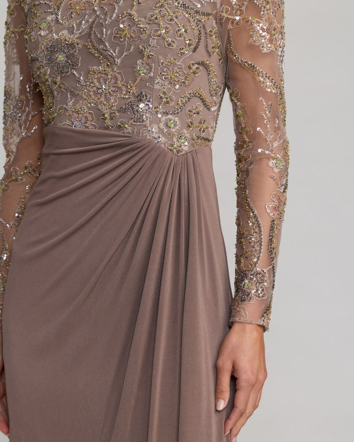 Mac Duggal Petite Brown Embroidered Illusion Long Sleeve Draped Gown