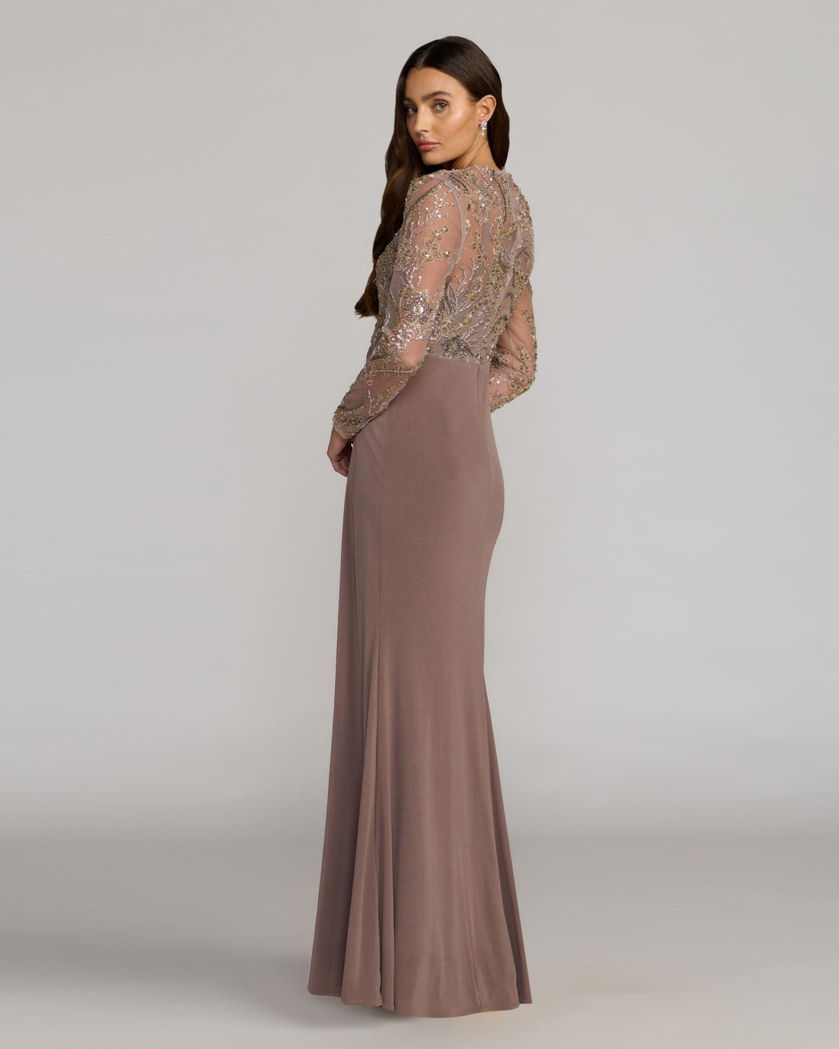 Mac Duggal Petite Brown Embroidered Illusion Long Sleeve Draped Gown
