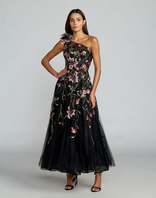Mac Duggal Black Embroidered Floral One Shoulder A-Line Dress