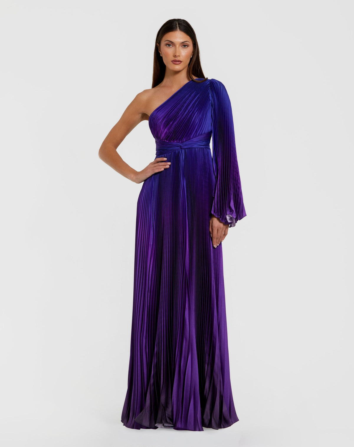 Mac Duggal Petite Purple Pleated Charmeuse One Shoulder Ombre Gown