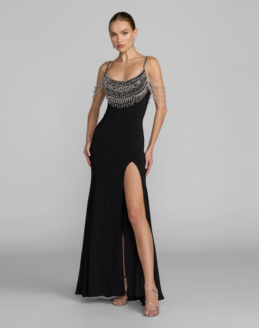 Mac Duggal Black Beaded Jersey Scoop Back Gown with Slit