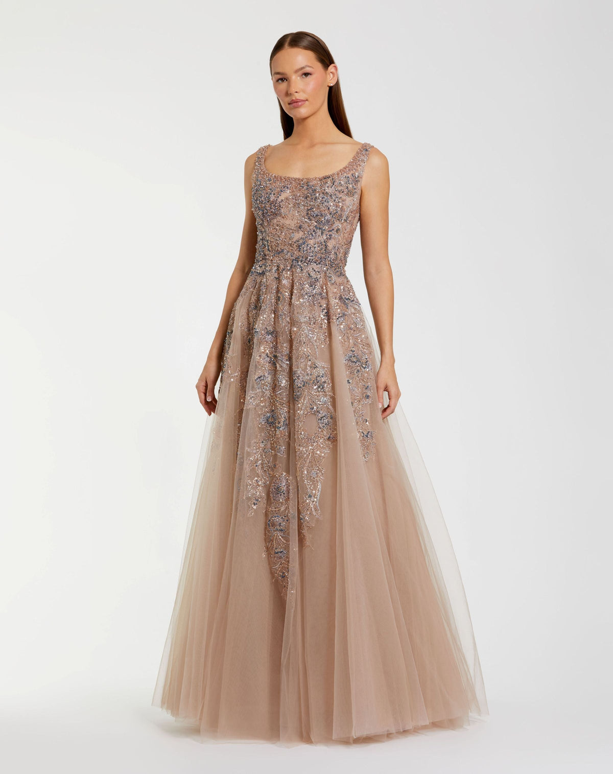 Mac Duggal Brown Hand Embellished Tulle A-Line Gown