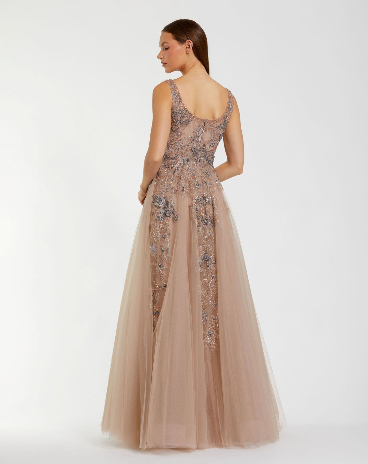 Mac Duggal Brown Hand Embellished Tulle A-Line Gown