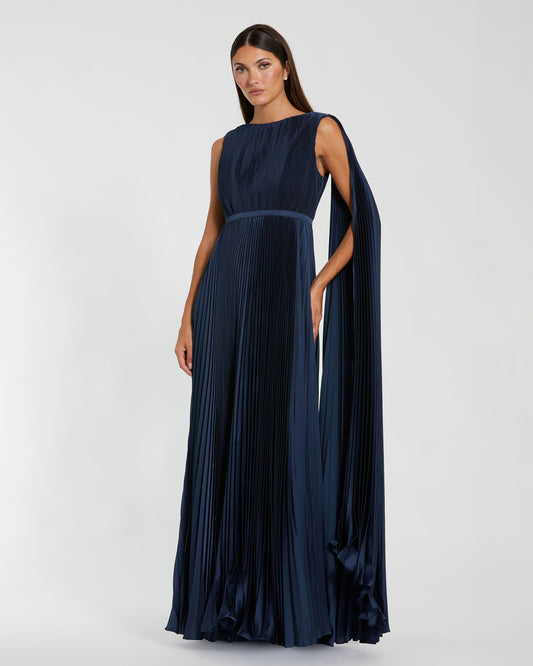 Mac Duggal Navy Pleated Open Back Cape Sleeve Gown