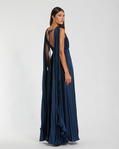 Mac Duggal Navy Pleated Open Back Cape Sleeve Gown