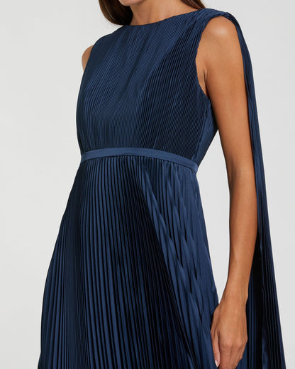 Mac Duggal Navy Pleated Open Back Cape Sleeve Gown