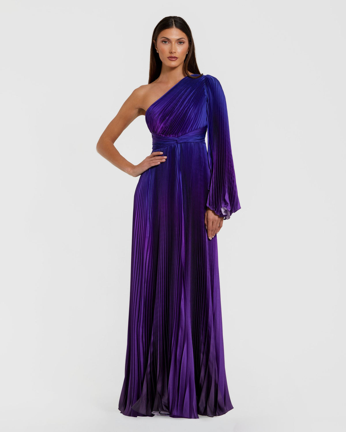 Mac Duggal Purple Pleated Charmeuse One Shoulder Ombre Gown