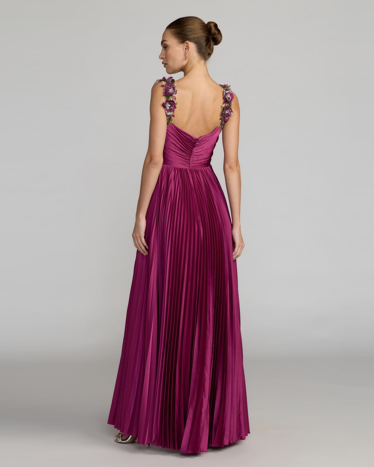 Mac Duggal Purple Pleated High Low Gown With 3D Floral Straps
