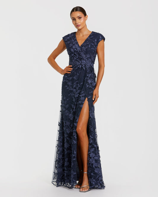 Mac Duggal Petite Navy Faux Wrap Embroidered Cap Sleeve Gown