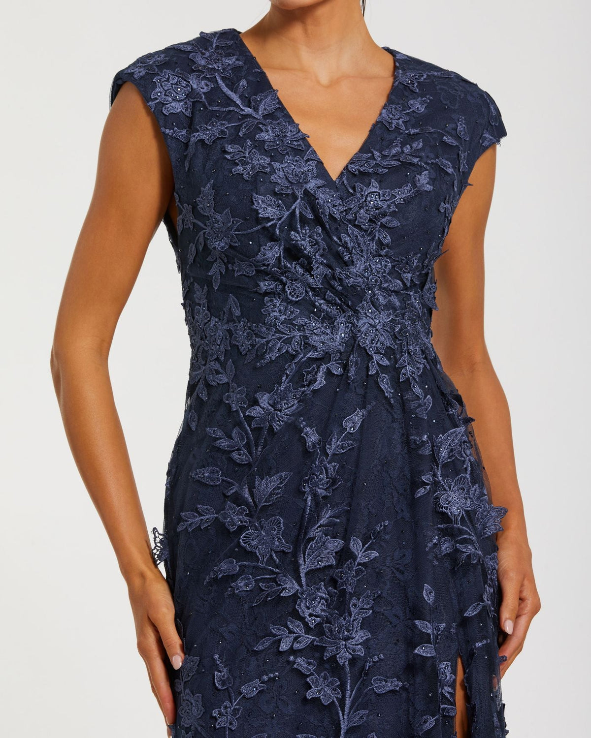 Mac Duggal Petite Navy Faux Wrap Embroidered Cap Sleeve Gown