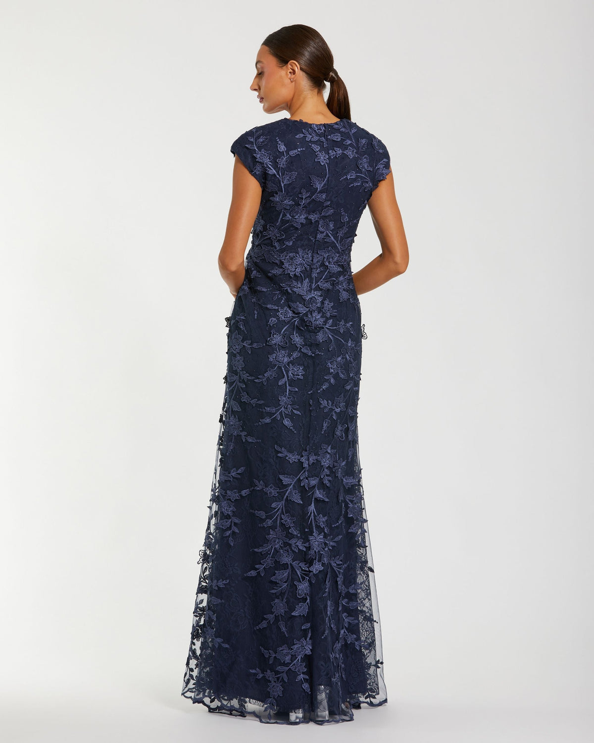 Mac Duggal Petite Navy Faux Wrap Embroidered Cap Sleeve Gown