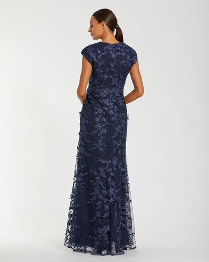 Mac Duggal Petite Navy Faux Wrap Embroidered Cap Sleeve Gown
