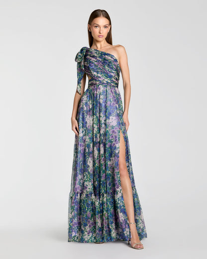 Mac Duggal Petite Purple One Shoulder Floral Printed Chiffon Side Cut Out Gown