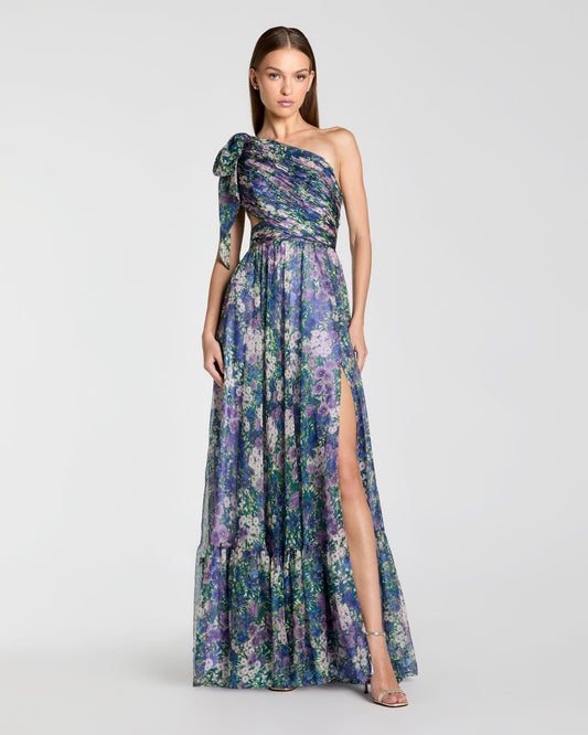 Mac Duggal Petite Purple One Shoulder Floral Printed Chiffon Side Cut Out Gown
